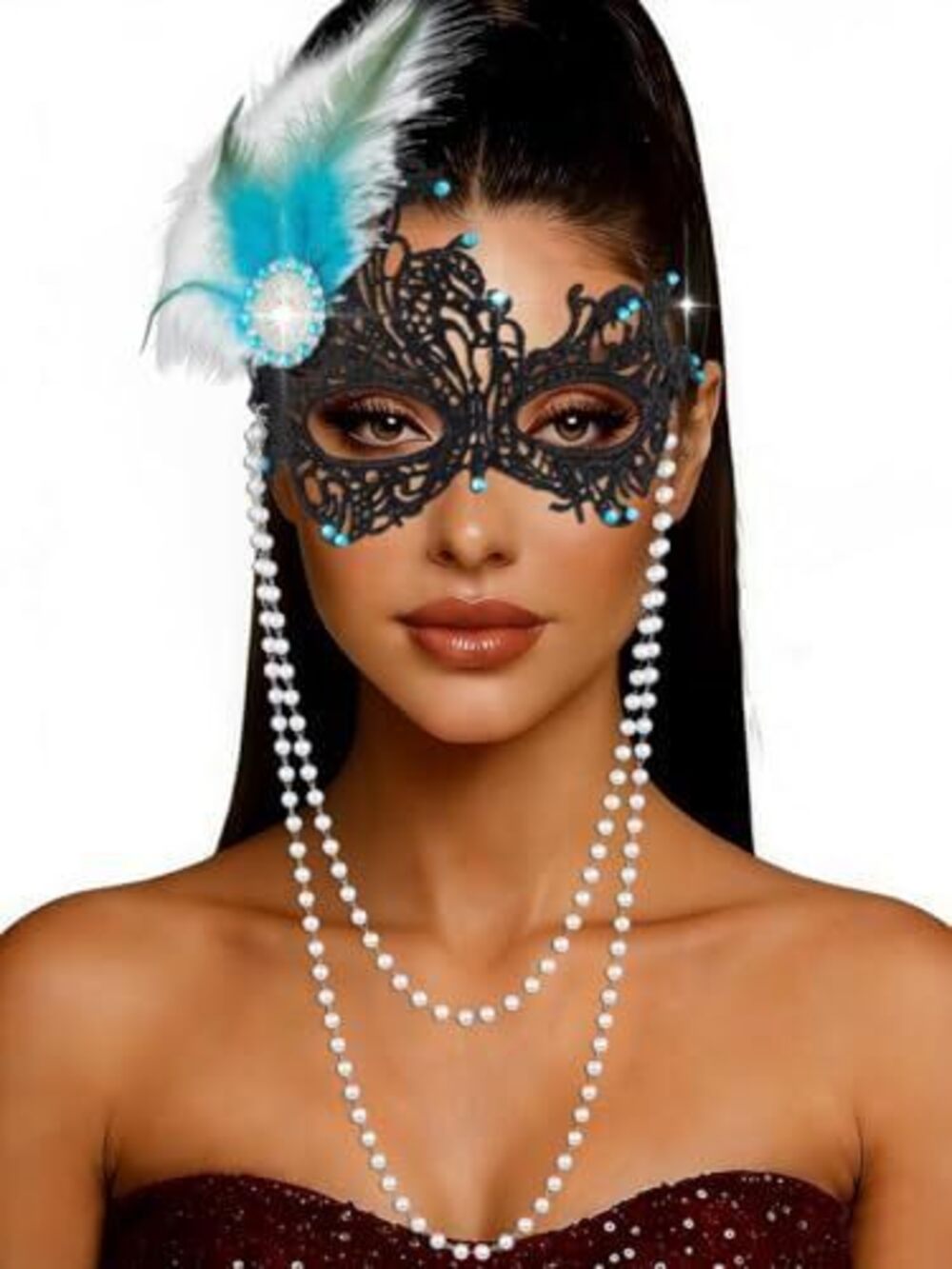 4970 Feather Masquerade Mask Rhinestone Luxury Lace Masks Venetian Pearl